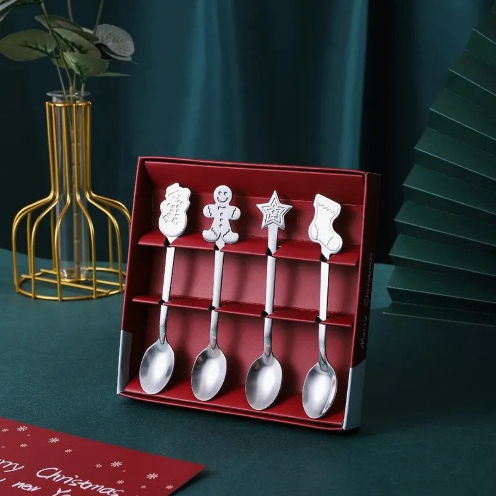 Silver Christmas Spoons Coffee Desert 4PC Tableware Gift Set